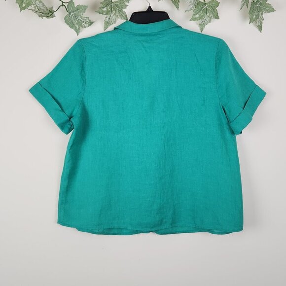 Marc New York Andrew Marc Size M 100% Linen Green Short Sleeve Top Relaxed - Picture 4 of 6